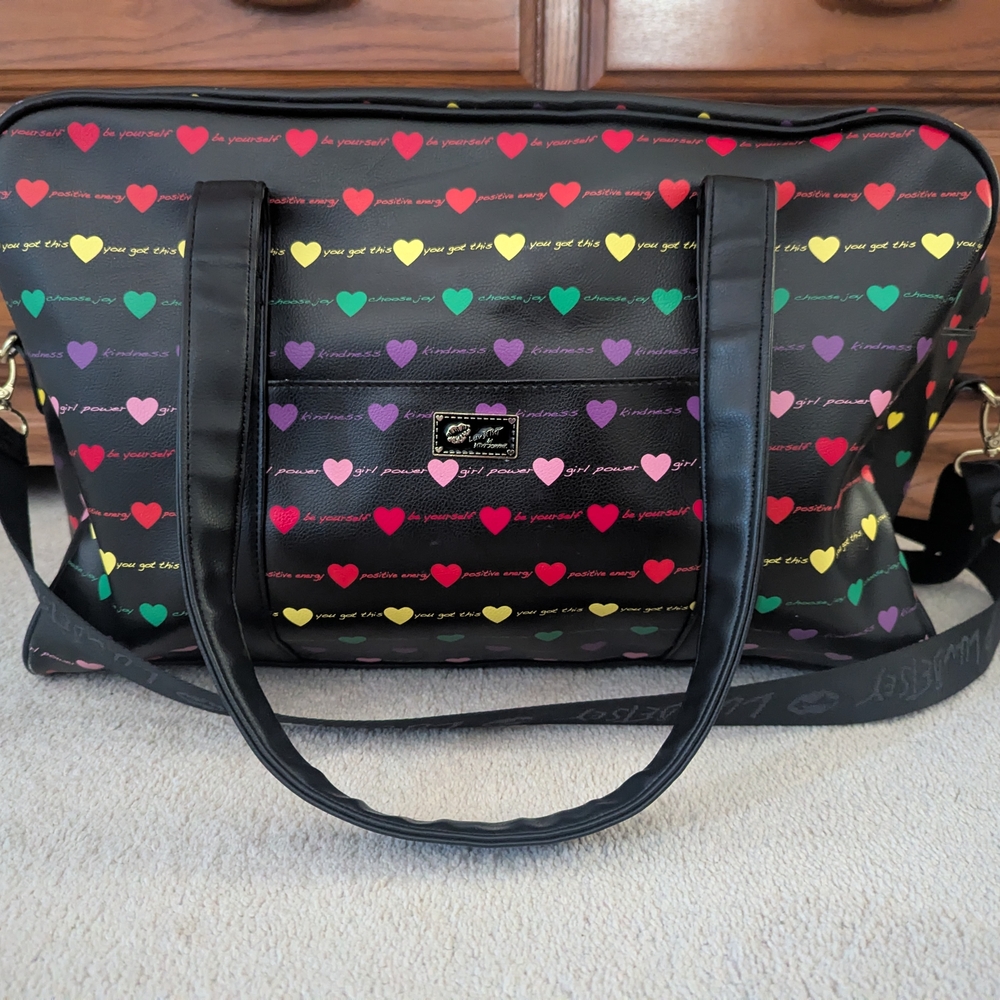 Betsey Johnson Rainbow Color Heart Weekender Duffle Bag With Small Zipper Pouch